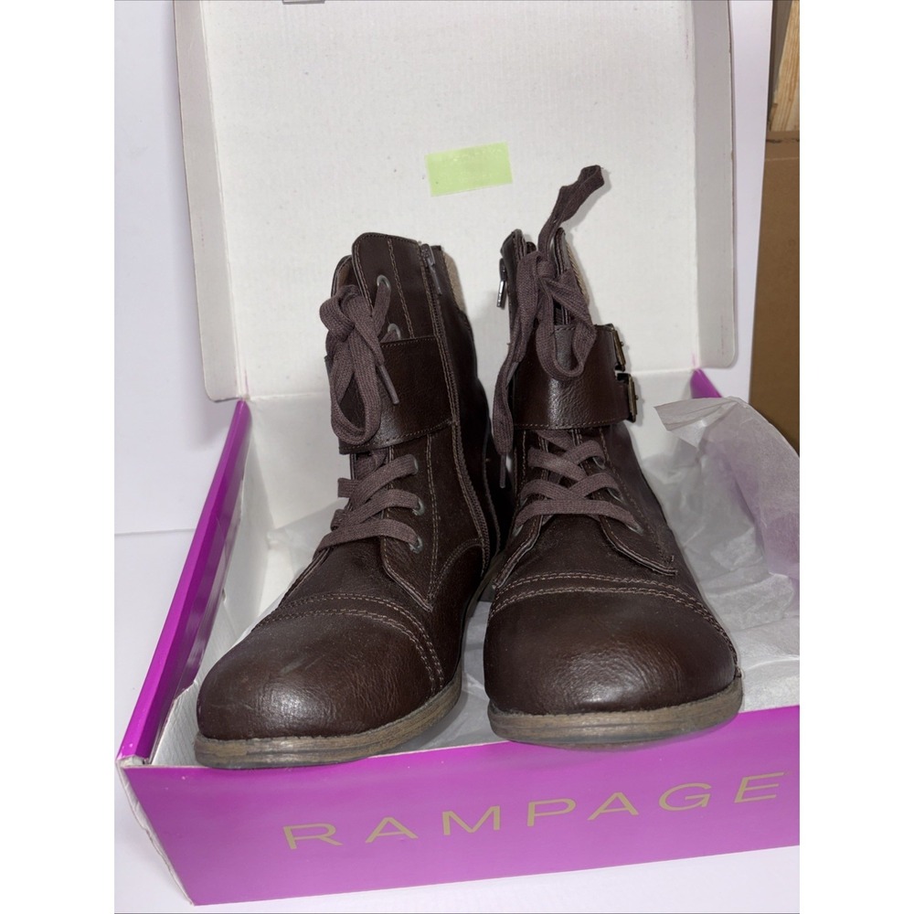 Rampage Jency Women's Ankle Combat Boot Lace-Up Cap Toe Buckle‎ Zip Brown 9.5 M